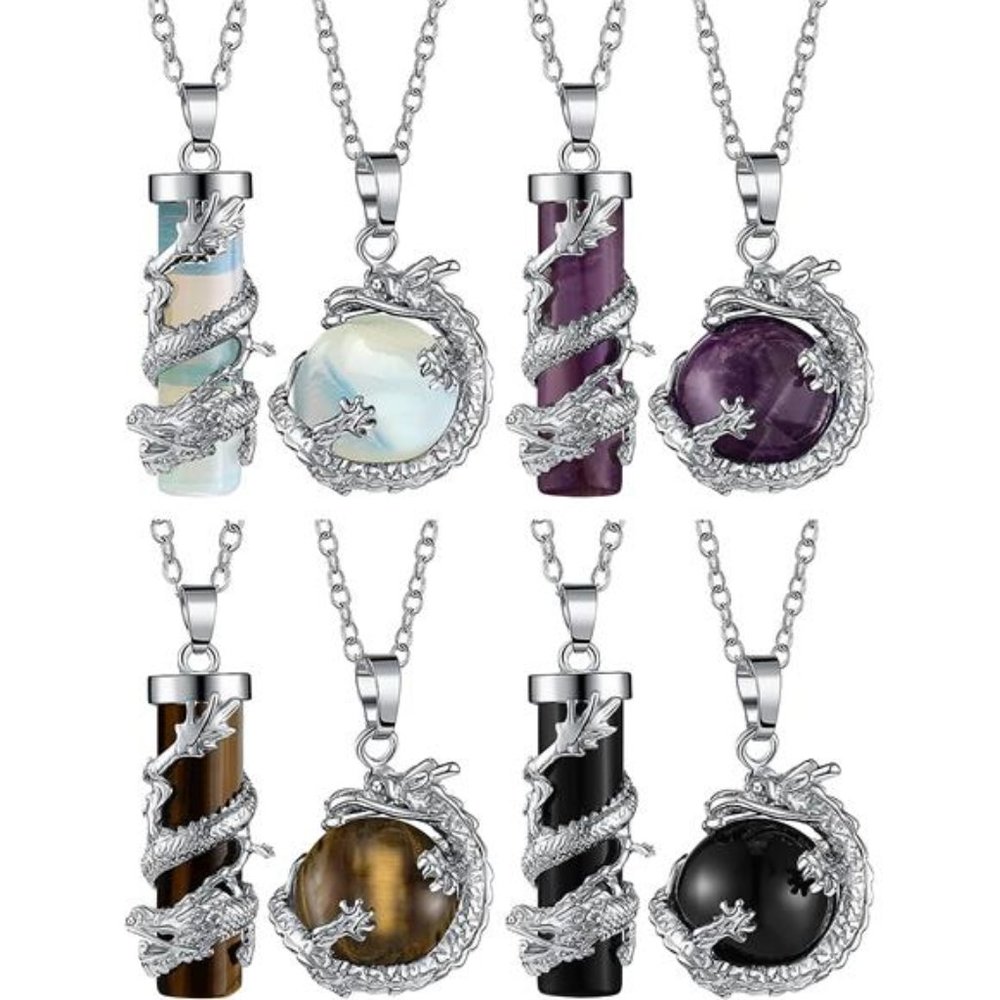 8 Pieces Crystals and Healing Stones Pendant Necklace Dragon Wrapped Cylinder